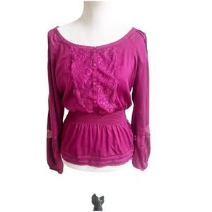 Bebe Y2K Peplum Top Satin Long Sleeve Size XS Fuschia Pink Slit Shoulder Lace